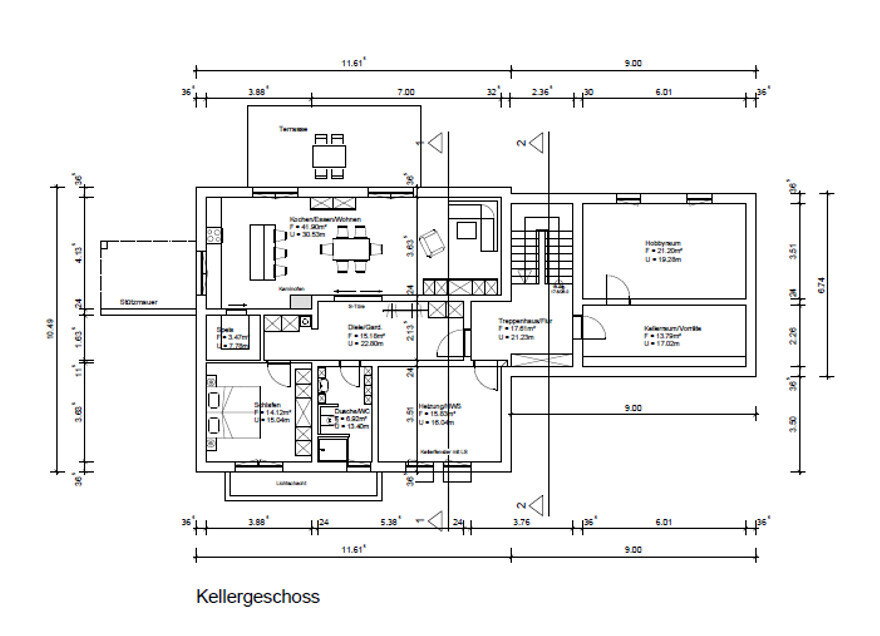 Kellergeschoss-Grundriss: Küche/Essen/Wohnen, Diele, Treppenhaus, Hobbyraum, Dusche/WC