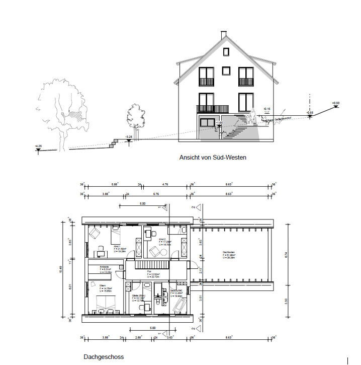 Südwesten-Ansicht eines Hauses mit Treppe; Dachgeschoss-Grundriss darunter.
