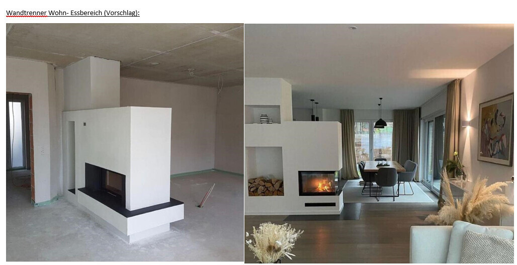 Vorschlag: moderne Wandtrenner mit Kamin, offener Wohn- und Essbereich, links Bauphase, rechts fertig.