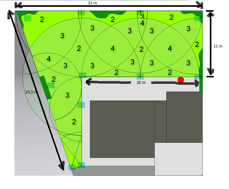 Lageplan eines Gartens mit grünen Rasenzonen, Kreismustern, grauen Gebäuden unten, Maße 31×11 m.