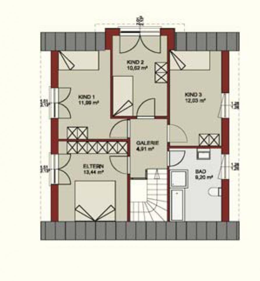 Floor plan of an upper floor with three children’s rooms, gallery, and bathroom