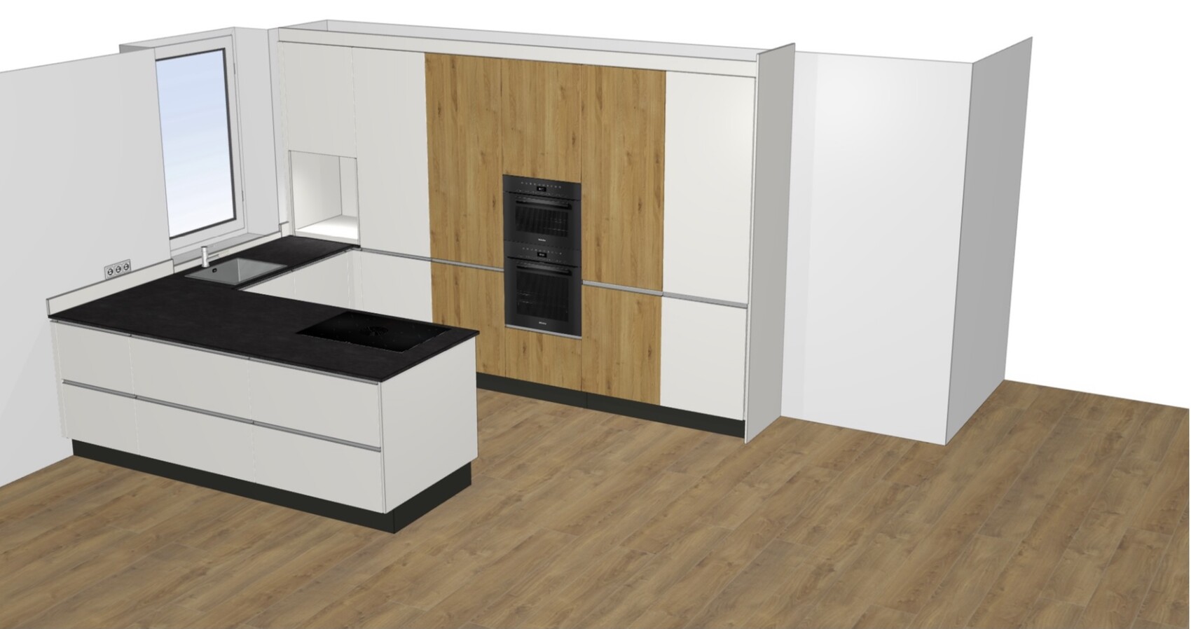 Modern kitchen with island, dark countertop, sink, and ovens in wood paneling.