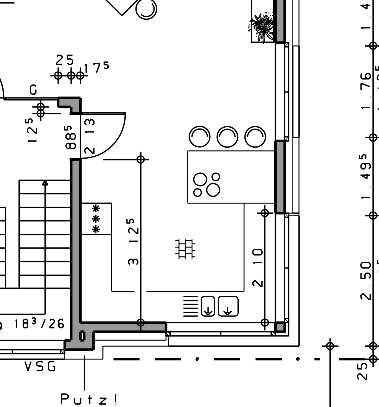 Floor plan of an interior with door, stair area, dining table and chairs.