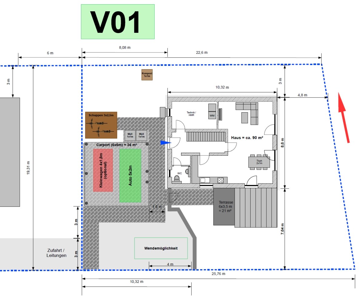 Floor plan of a house with courtyard, carport, shed, terrace, and driveway
