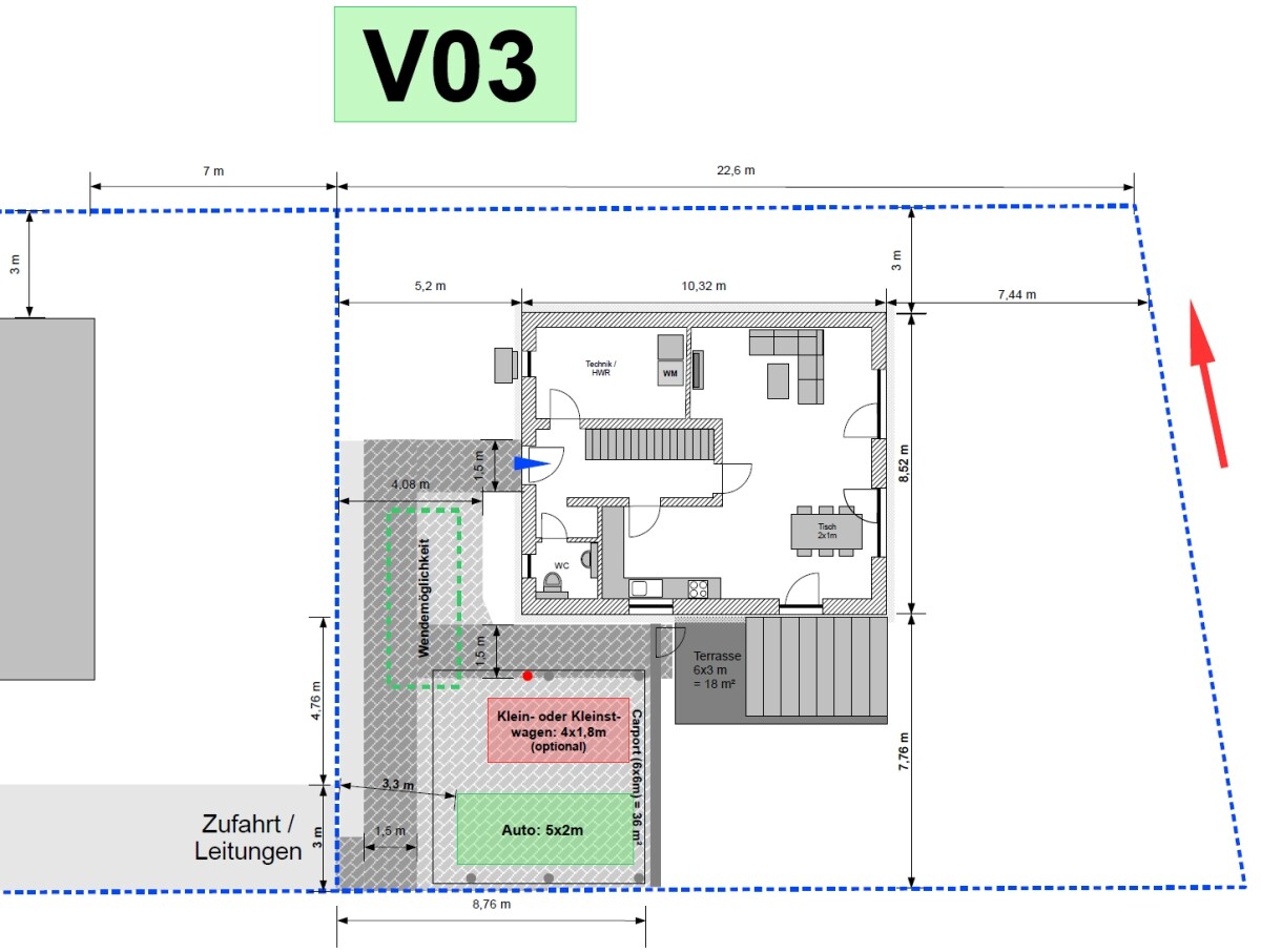 Floor plan of a building with terrace, parking spaces for cars and small vehicles, interior rooms.