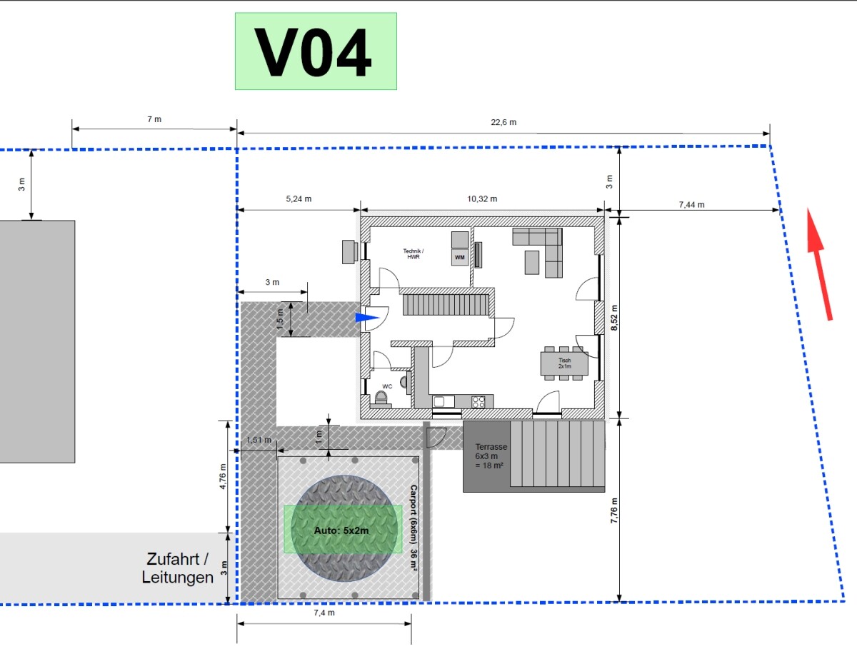 Floor plan: house with terrace, car parking space, driveway, and interior rooms.
