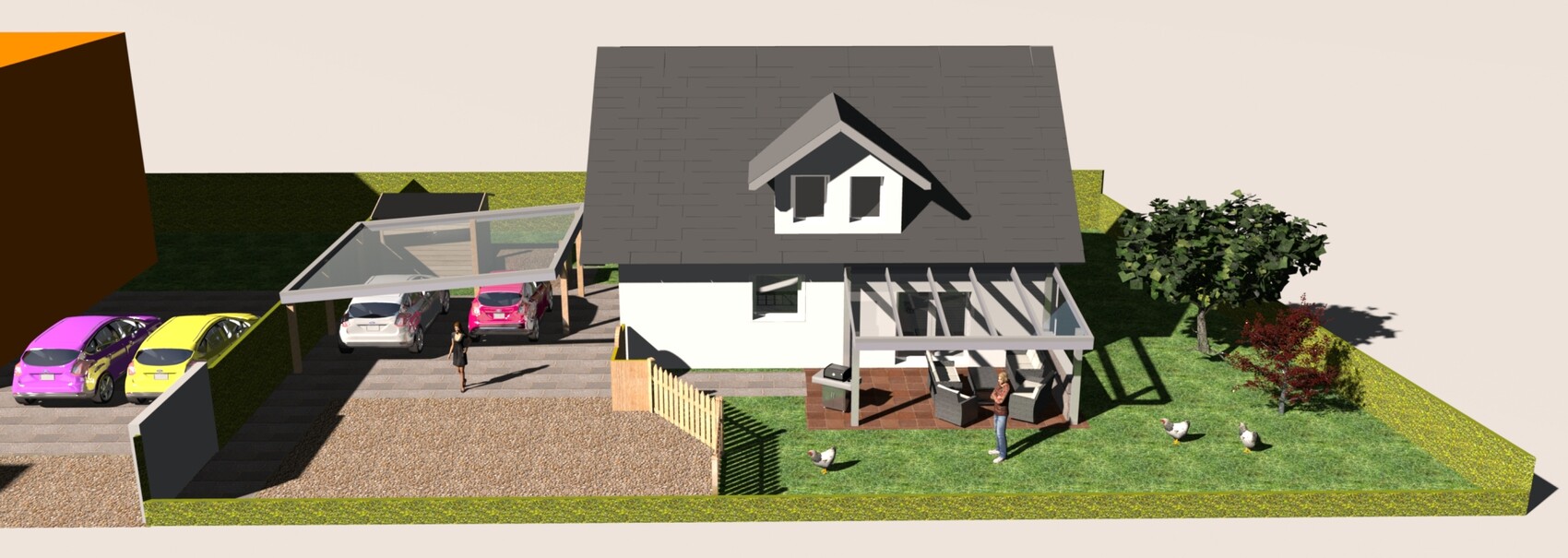 Modern single-family house with gray roof, carport, cars, terrace, and garden.