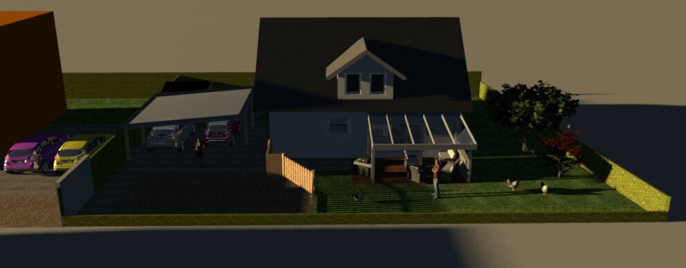 Single-family house with carport and terrace, several cars on the left, garden with people and chickens.