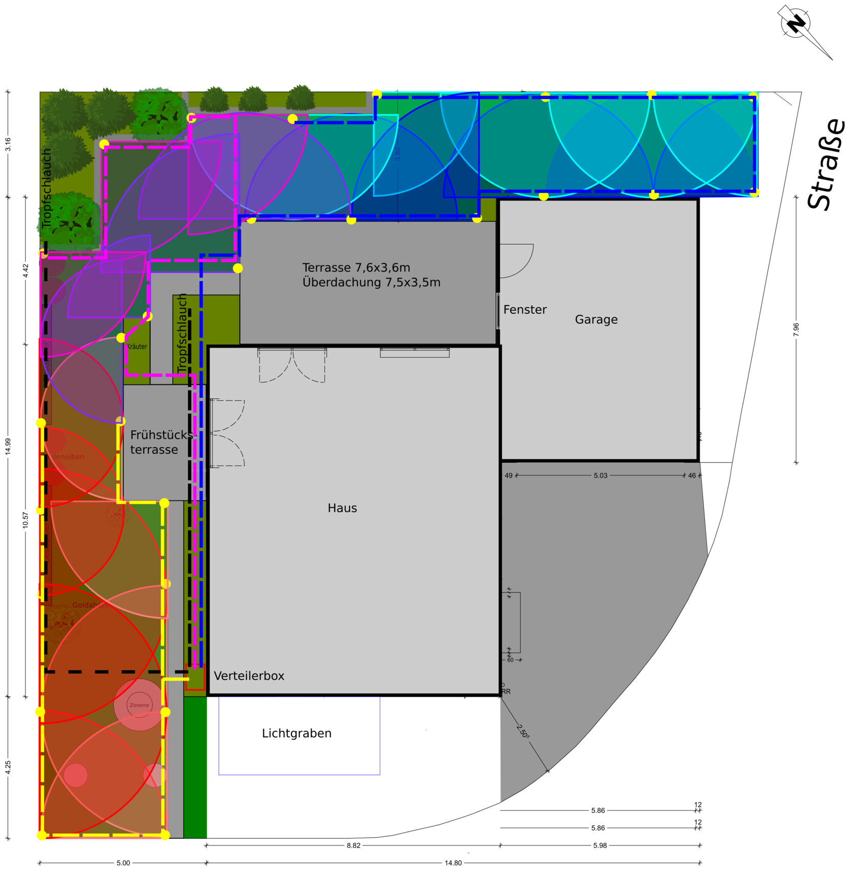 Site plan: house, garage, terrace, breakfast terrace, garden, paths, street access.