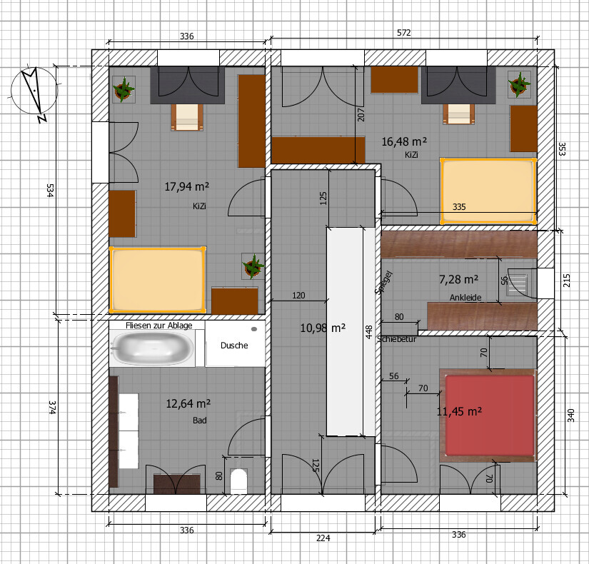 Grundriss eines Apartments: zwei KiZi, zwei Schlafzimmer, Bad, Ankleide und Flur.