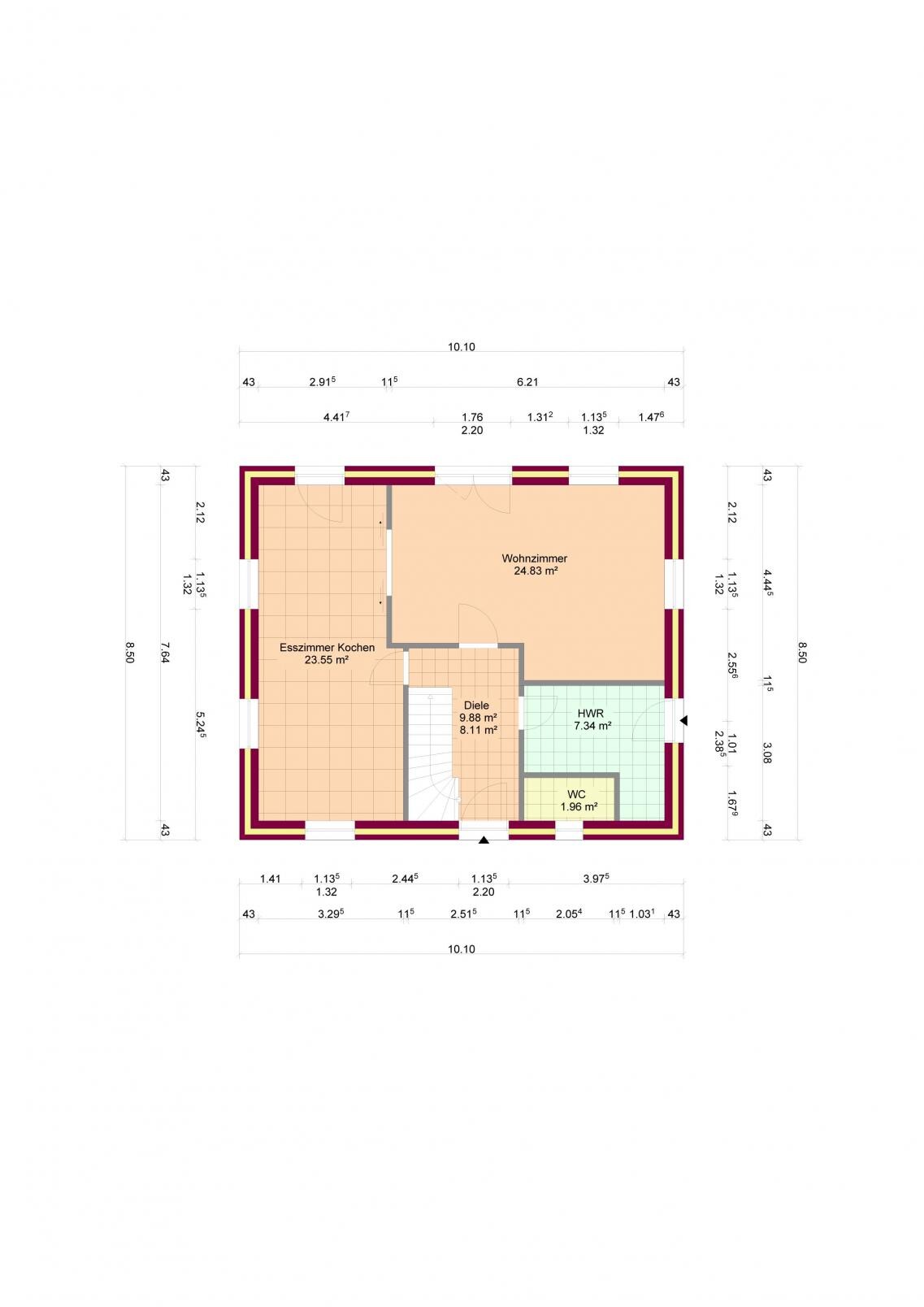 2D-Grundriss eines Hauses mit Wohnzimmer, Küche, Esszimmer, Diele, HWR und WC