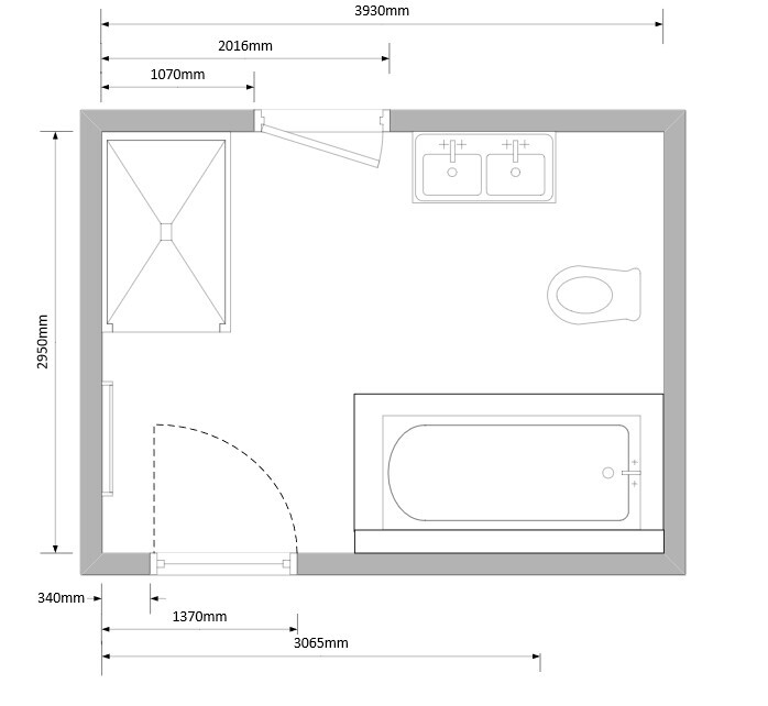 Floor plan of a bathroom with shower on the left, double sink at the top, toilet on the right, bathtub.