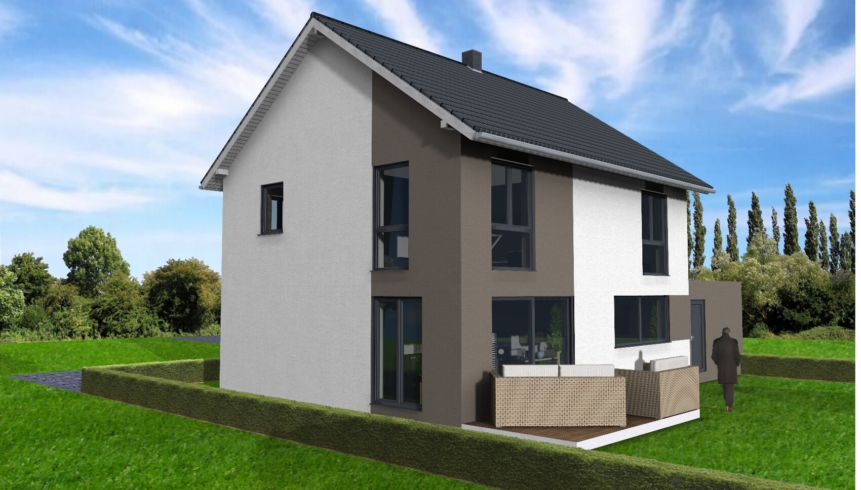 Modern two-story house with terrace and lounge furniture; person in the background.
