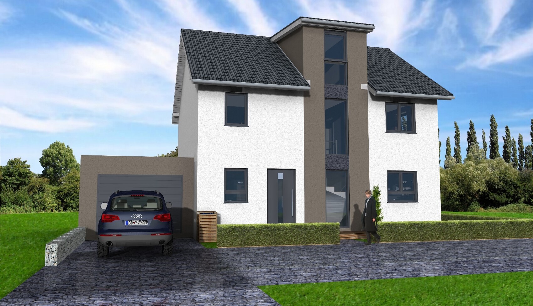 Modern two-story house with garage, car in front, person at entrance, green hedge and blue sky
