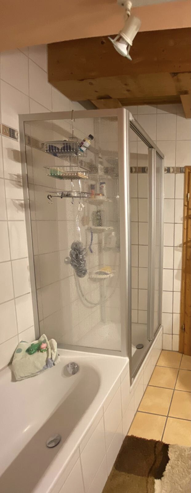 Bathroom with glass shower enclosure next to the bathtub, towels on the tub edge.