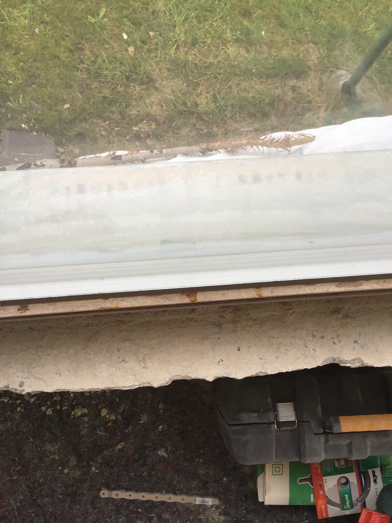 Blick durch ein verschmutztes Fenster auf rostigen Fensterrahmen, Gras draußen, darunter Werkzeugkasten.