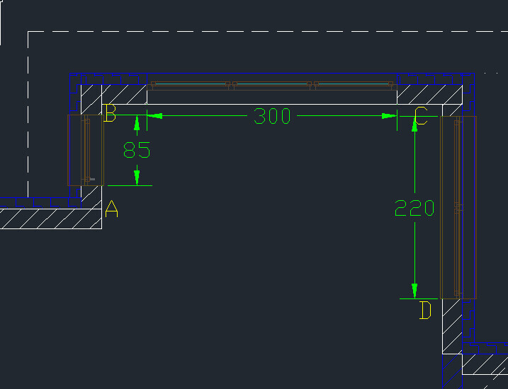 2D floor plan detail of a door area with measurements and wall framing