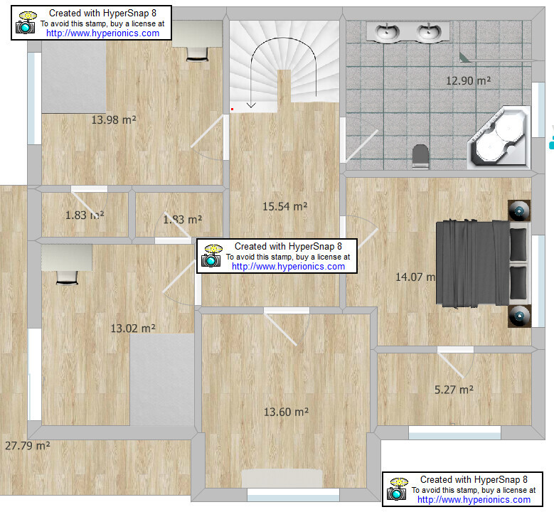 Floor plan of an apartment: stairwell, bedroom with double bed, bathroom with two sinks.