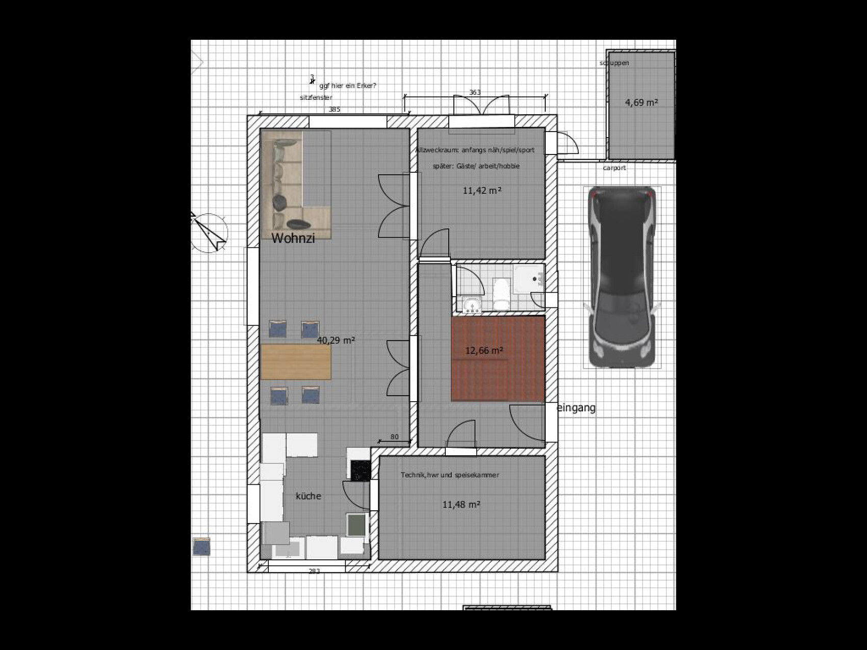 Grundriss eines Hauses mit Wohnzimmer, Küche, Technikraum, Bad, Carport und Eingang.