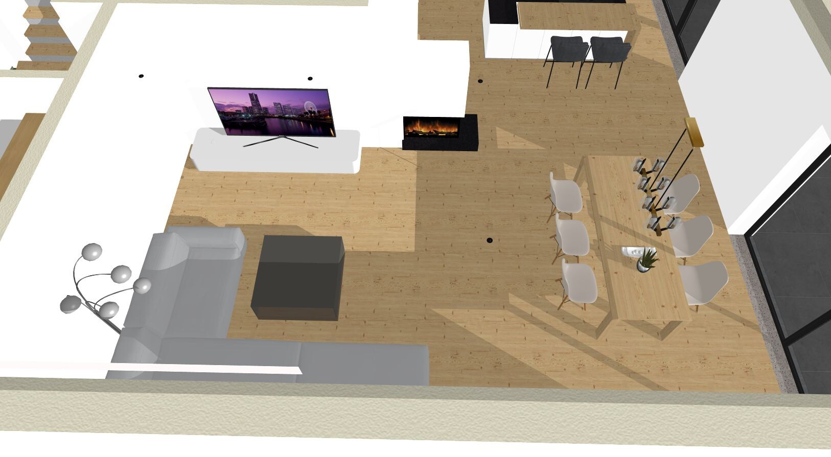 Offenes Wohnzimmer mit Sofa, Fernseher auf weißer Konsole, Kamin, Esstisch und Küche, Holzboden