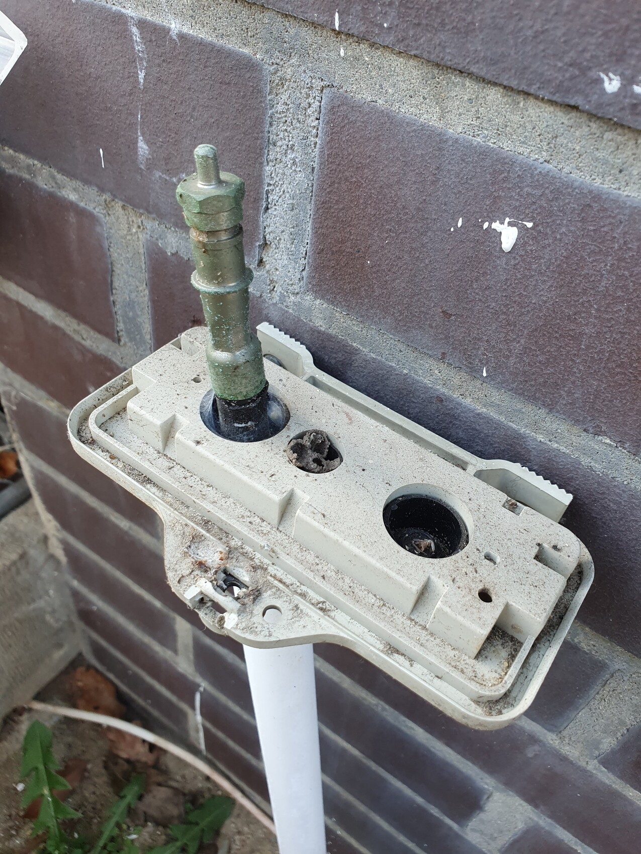 Outdoor box made of beige plastic with two openings; green-patinated pipe protruding.
