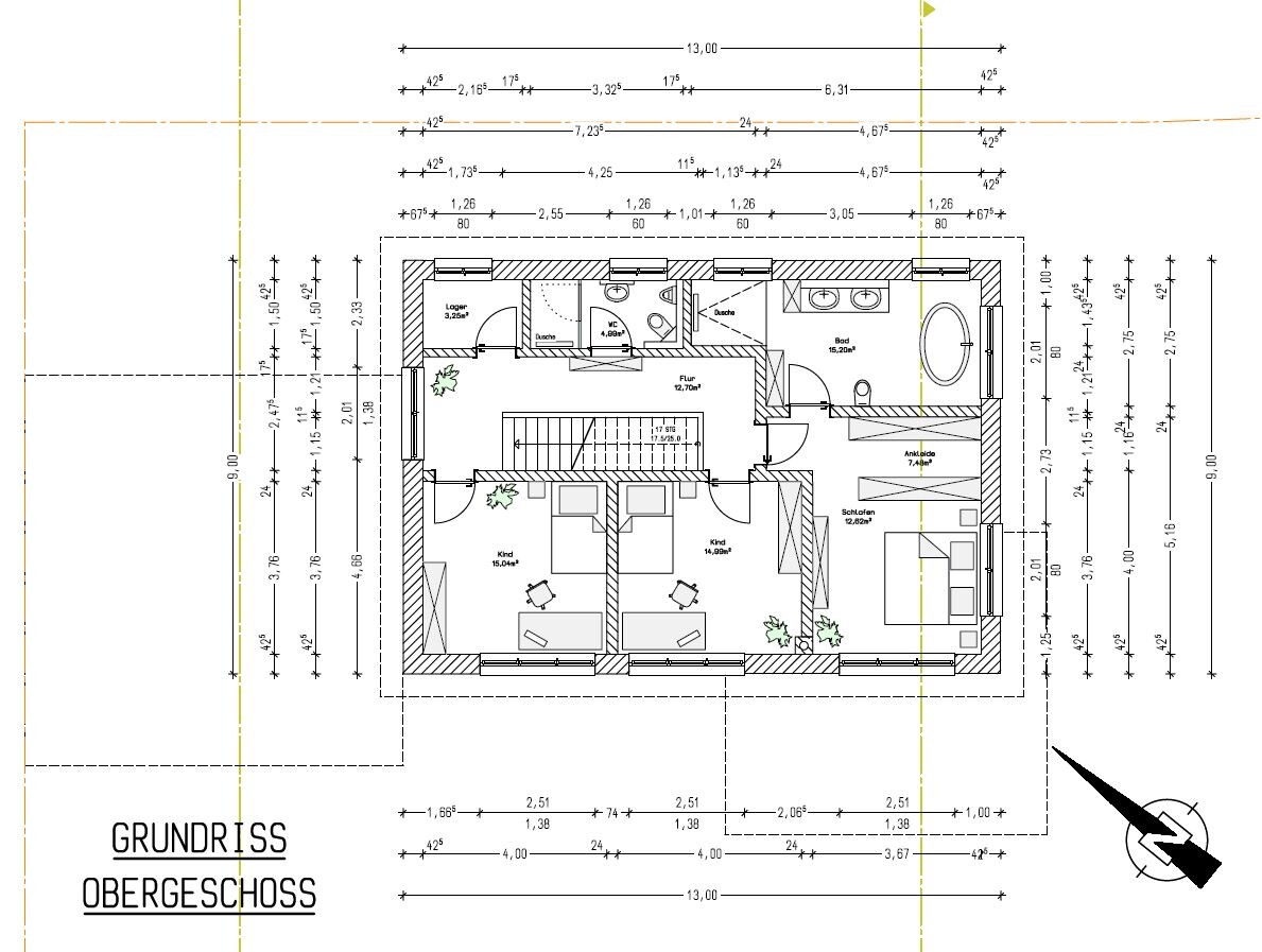 Floor plan upper floor with corridor, bedroom, children’s rooms, bathroom, shower, and stairwell