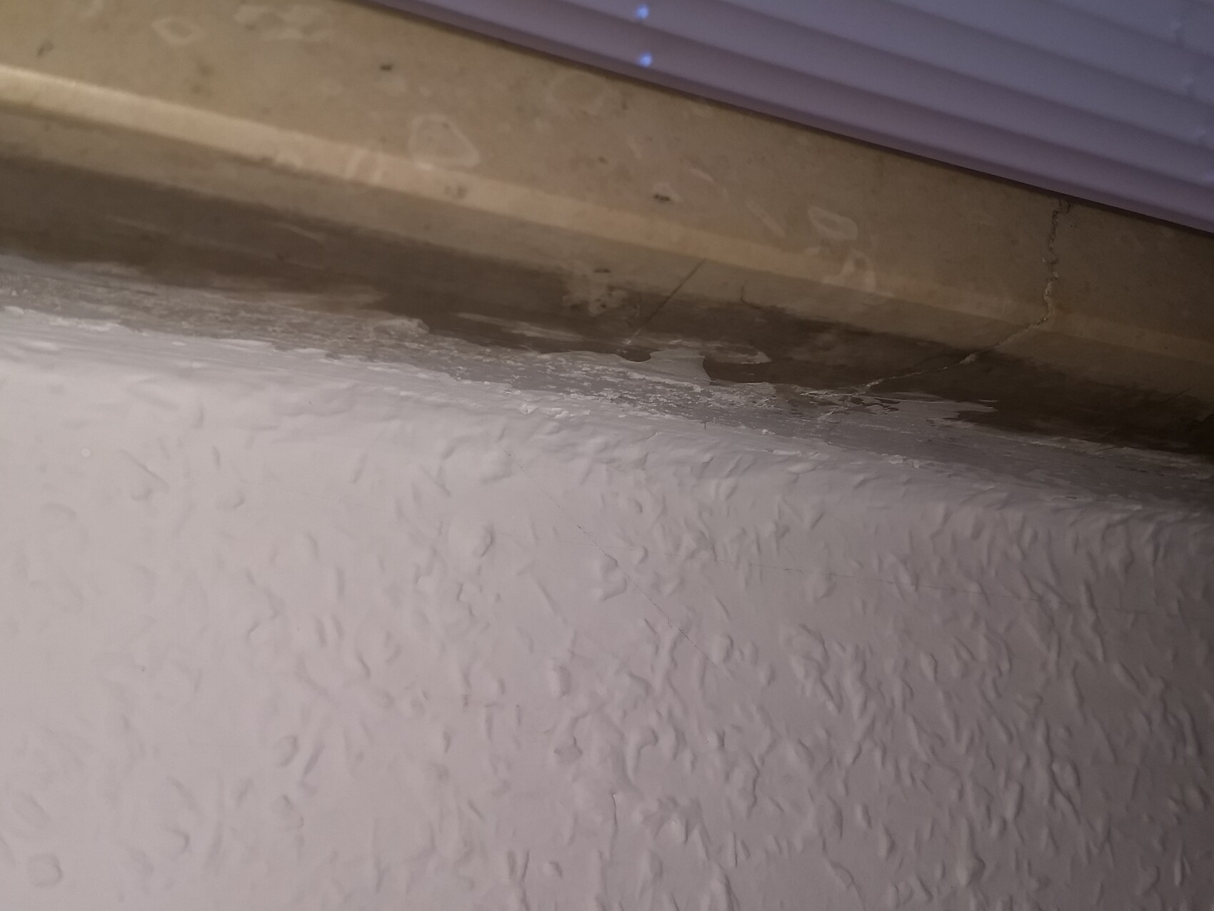 White, rough wall at the bottom; water damage at the top edge, purple blinds above.