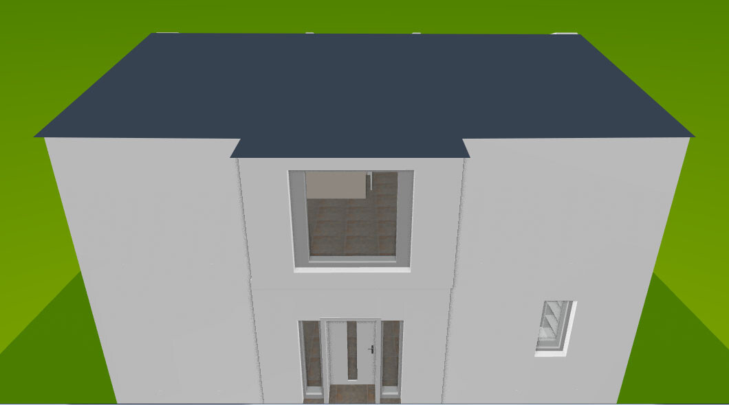 Frontansicht eines grauen 3D-Hauses mit dunklem Dach