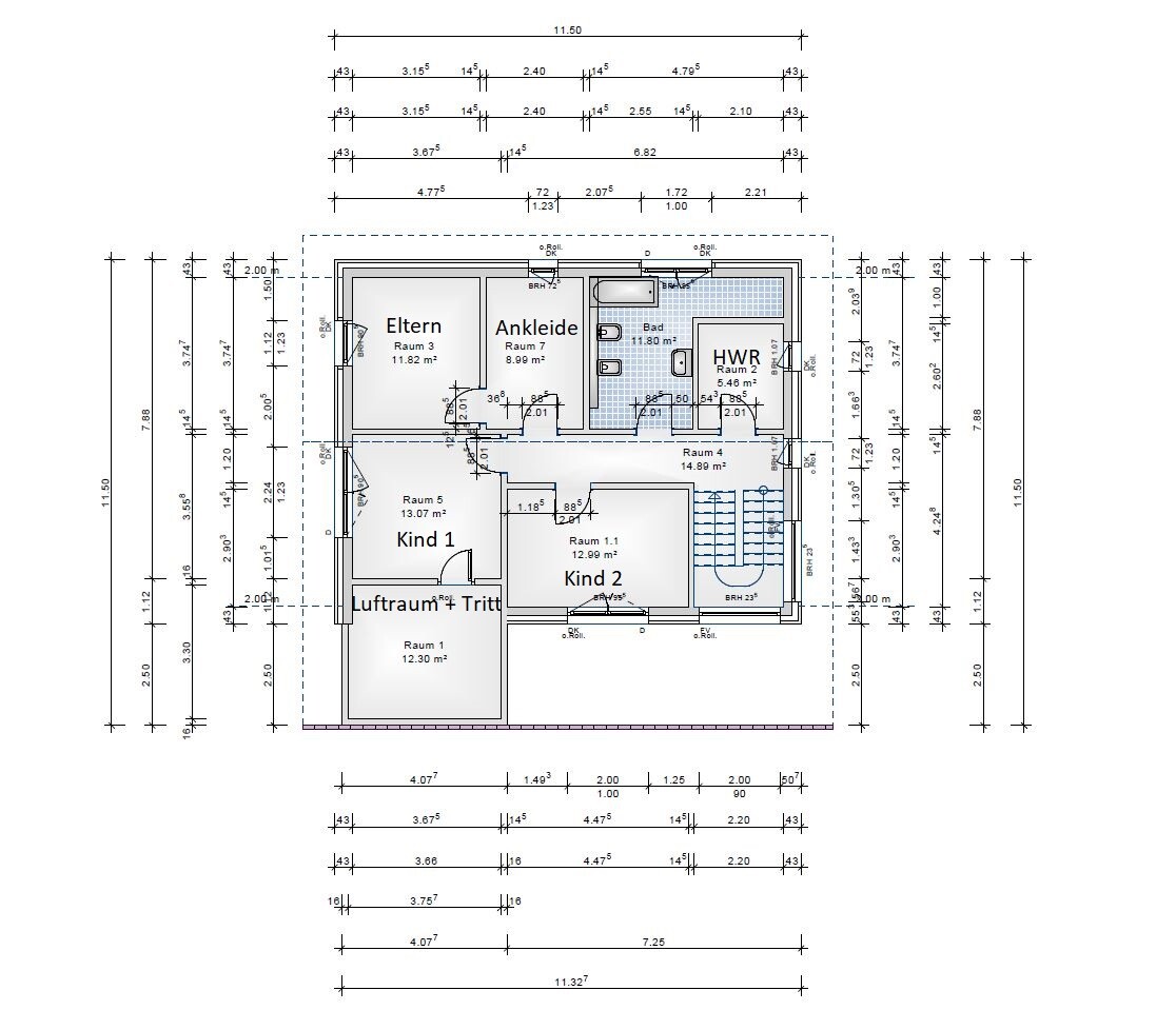 Floor plan of a residential building: master bedroom, dressing room, utility room, bathroom, two children’s bedrooms, hallway, and stairs.