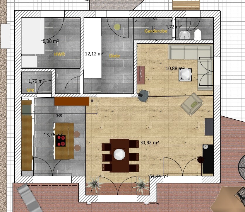 Floor plan of a house: open living/dining area, kitchen, hallway, utility room, coatroom.