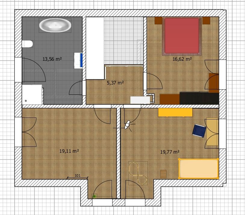 Floor plan of an apartment: bathroom on the left, bedroom on the right, two living rooms below
