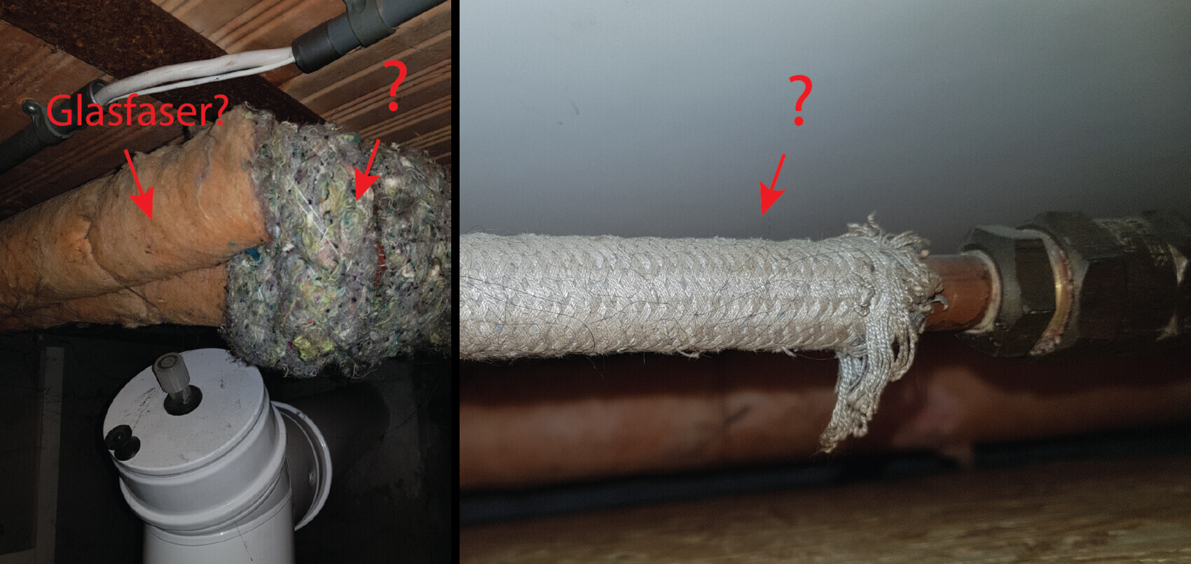 Basement area with insulated pipework, visible fiberglass insulation and wrapping material.