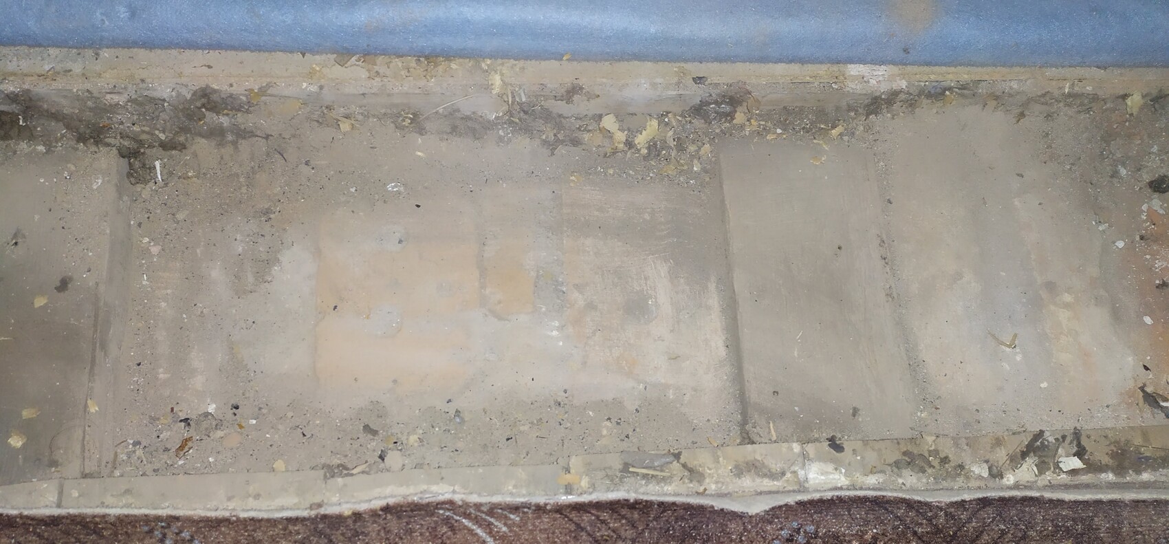 Dirty concrete floor with three steps, dust and leaves in front of blue wall.