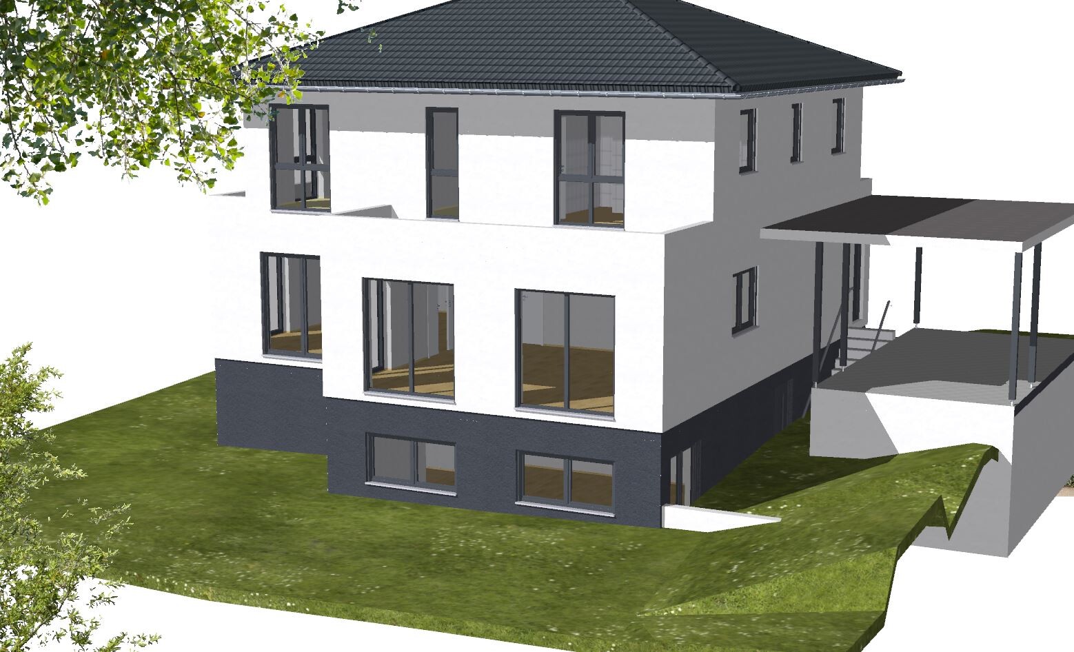 Modern two-story house on a slope with a light facade, dark base, and large windows.