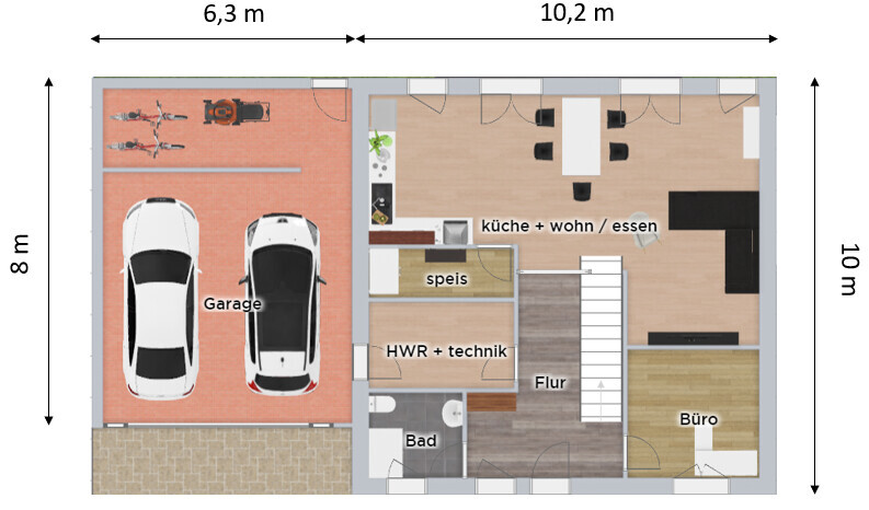 Floor plan: garage with two cars left, living/kitchen/dining, bathroom, office, corridor, utility room.