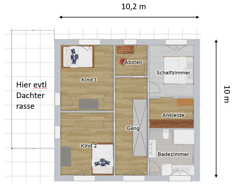 Upper floor plan: bedroom, bathroom, dressing room, corridor, children’s rooms, storage.