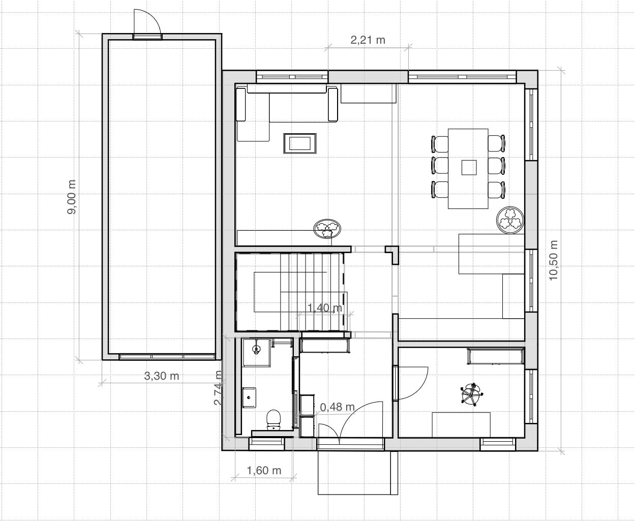 Floor plan of a house: entrance, staircase, living room with sofa, dining area, kitchen, bathroom, bedroom.
