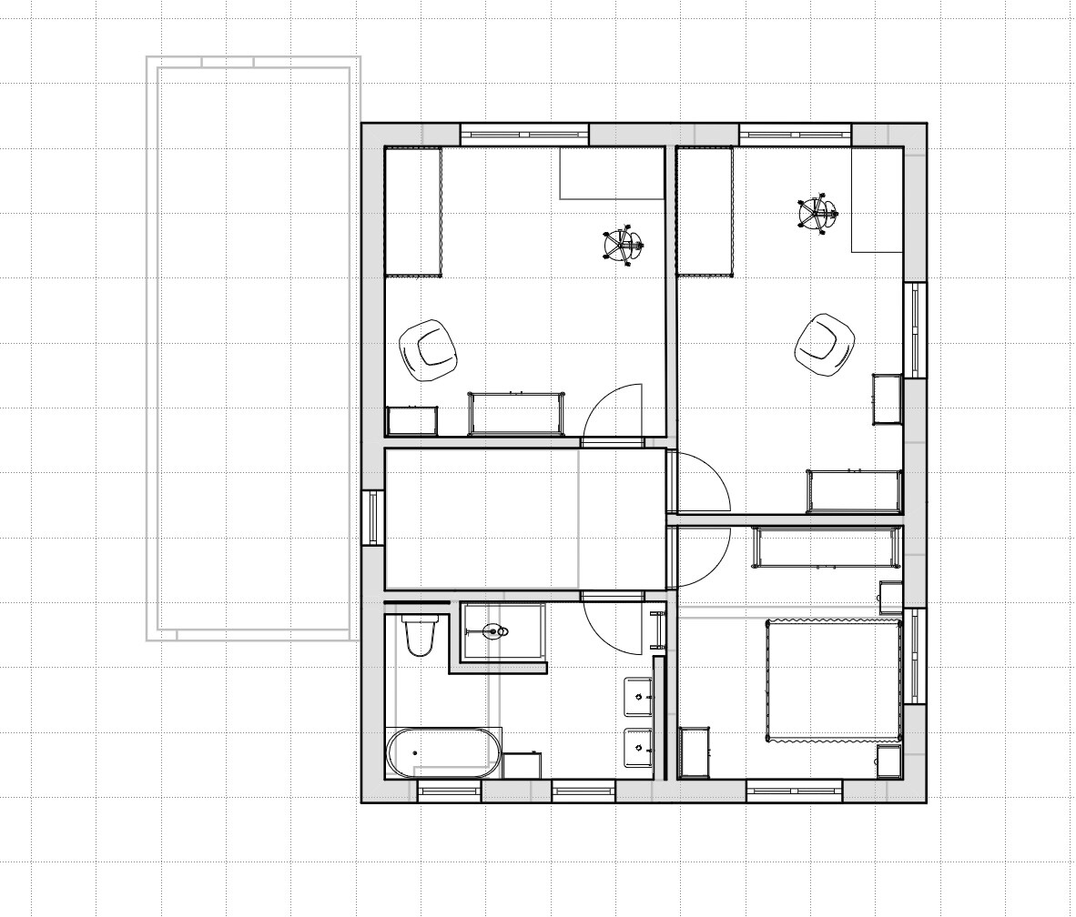 Floor plan of an apartment with two bedrooms, bathroom, hallway, living room and terrace.