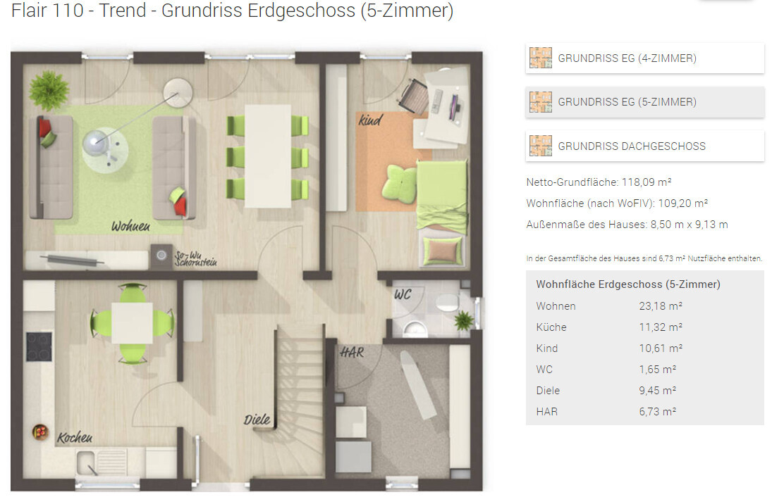 Ground floor plan: 5-room house with kitchen, living room, child’s room, hallway, WC, utility room