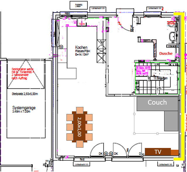 Grundriss eines offenen Wohn- und Küchenbereichs mit Esstisch, Couch, TV und Dusche