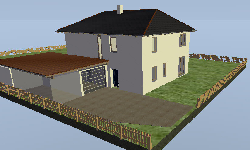 3D-Hausansicht: zweigeschossiges Haus mit Garage, Terrasse, Zaun und Garten
