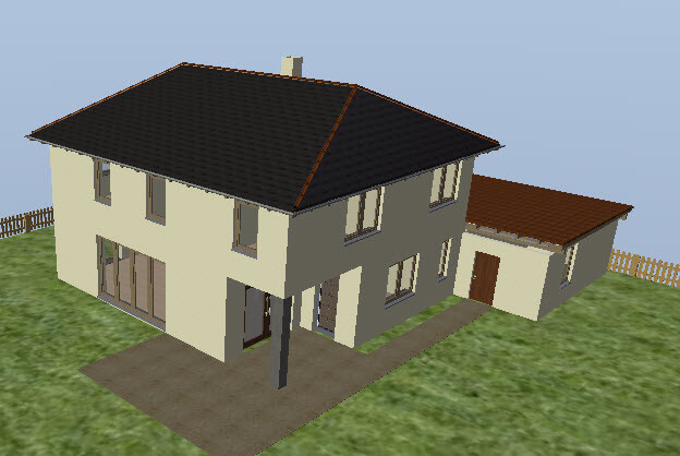 3D modell einer aussenansicht eines zweigeschossigen hauses mit garage