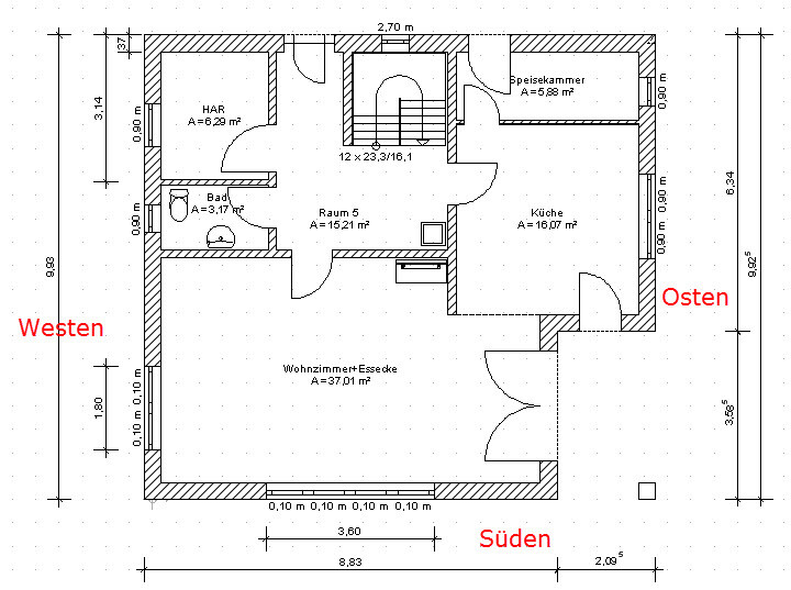 Grundriss eines Hauses: Wohnzimmer, Küche, Bad, Flur, Treppe