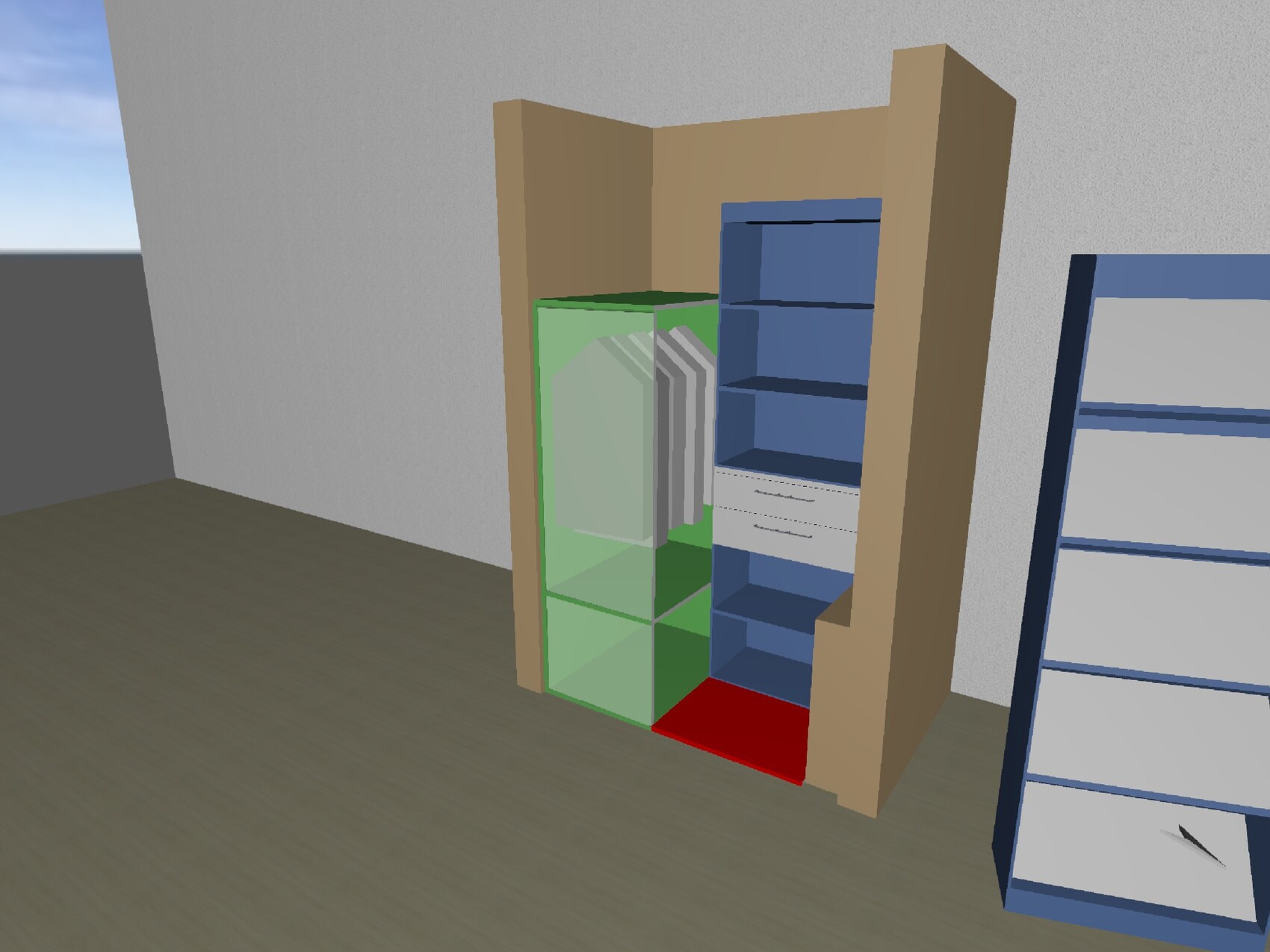 Offener Holzschrank mit Glasvitrine in Grün, blauen Regalen und roter Bodenfläche im Zimmer