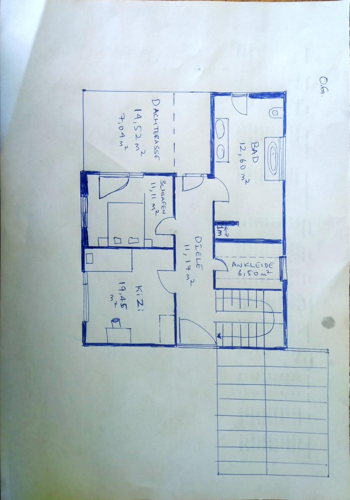 Handgezeichneter Grundriss einer Wohnung: Dachterrasse, Schlafen, KiZi, Diele, Bad, Ankleide.