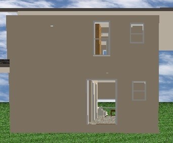 Außenansicht eines zweistöckigen 3D-Hauses mit offener Tür und Fenstern auf grünem Rasen