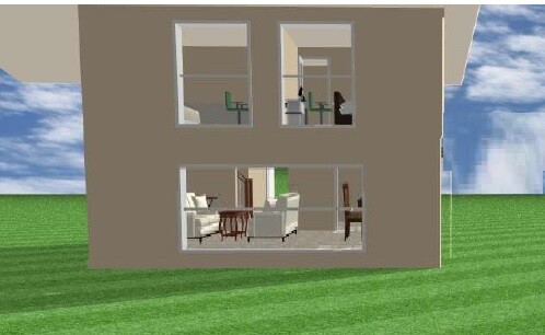 3D-Hausmodell mit sichtbaren Innenraeumen durch grosse Fenster, Wohnzimmer und Schlafzimmer sichtbar