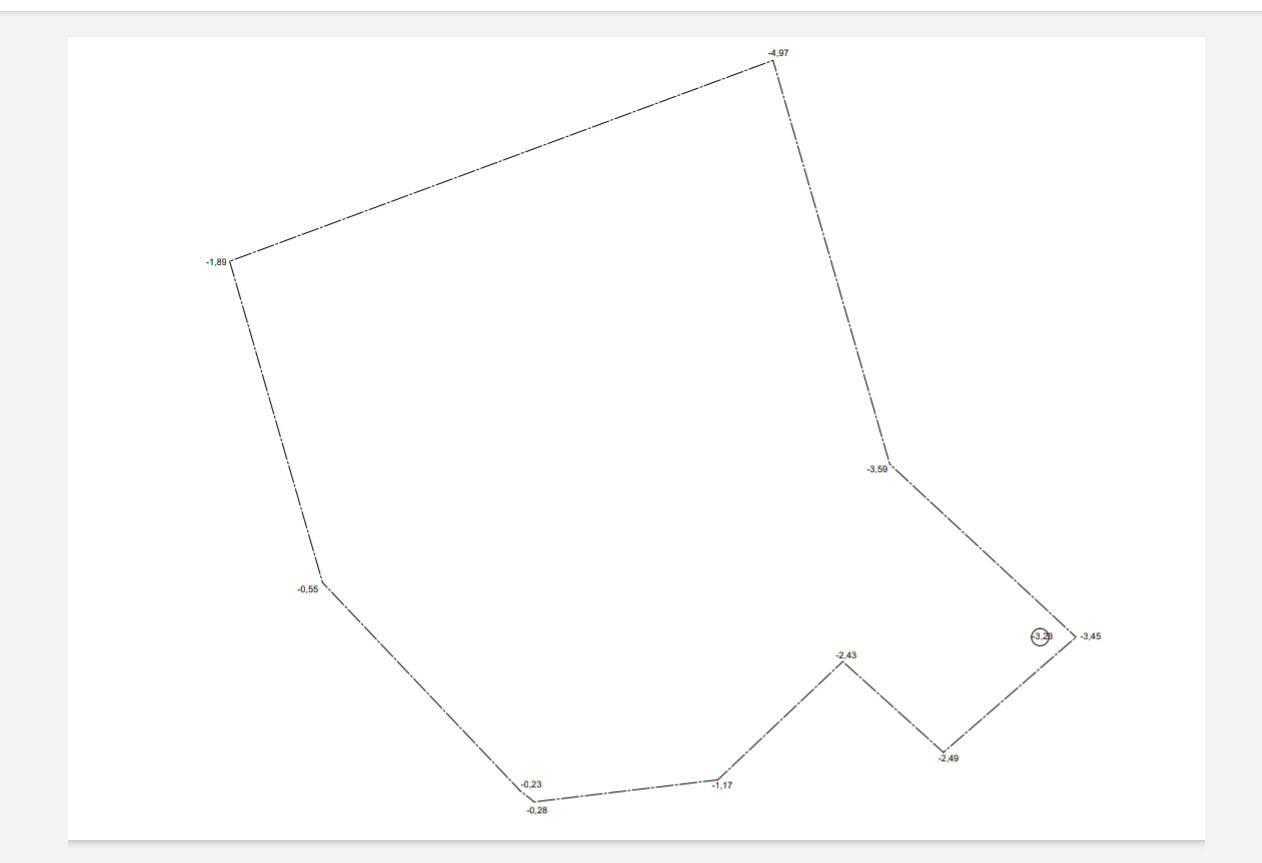Irregular polygon with dashed outer line and corner coordinates.
