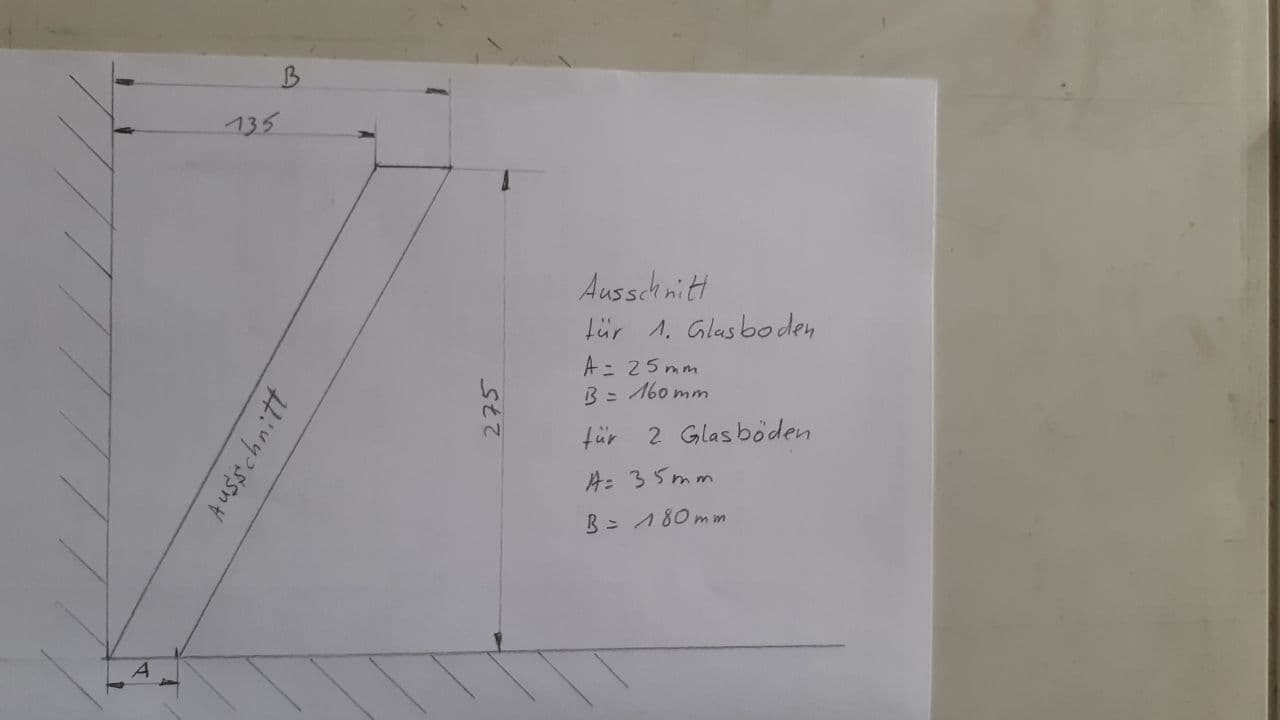 Technical drawing: diagonal cutout for glass shelf, dimensions A/B.