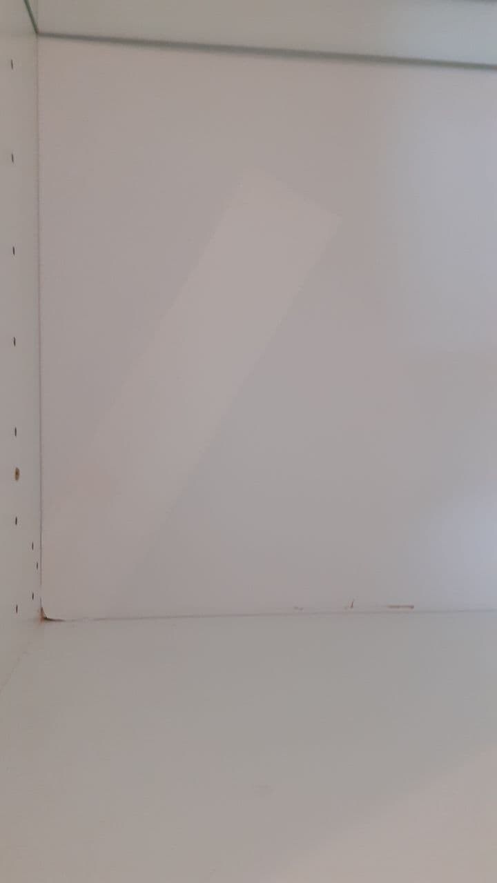 White interior wall of a cabinet with a row of holes on the left edge; bottom visible.